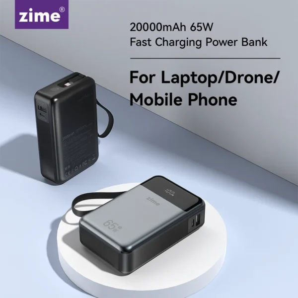 zime 65W Portable Power Bank 20000mAh Fast Charging Built-in Retractable Type-C Cable for Laptops iPhone And Tablets - Image 2