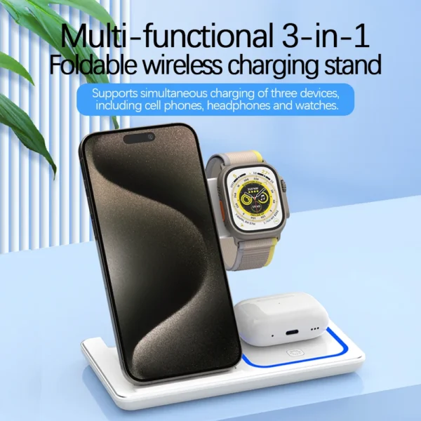 3 in 1 Foldable Charging Station 30W LED Fast Wireless Charger Stand  For iPhone 15 14 13 12 11 Apple Watch 9 8 7 6 5 Airpods Pro - Image 2