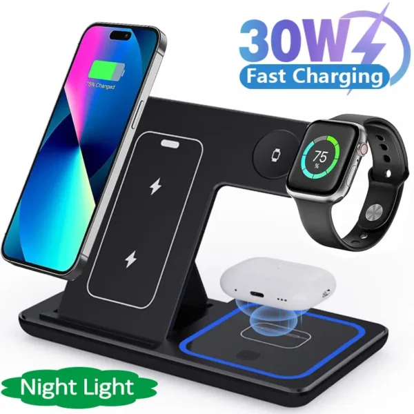 3 in 1 Foldable Charging Station 30W LED Fast Wireless Charger Stand  For iPhone 15 14 13 12 11 Apple Watch 9 8 7 6 5 Airpods Pro