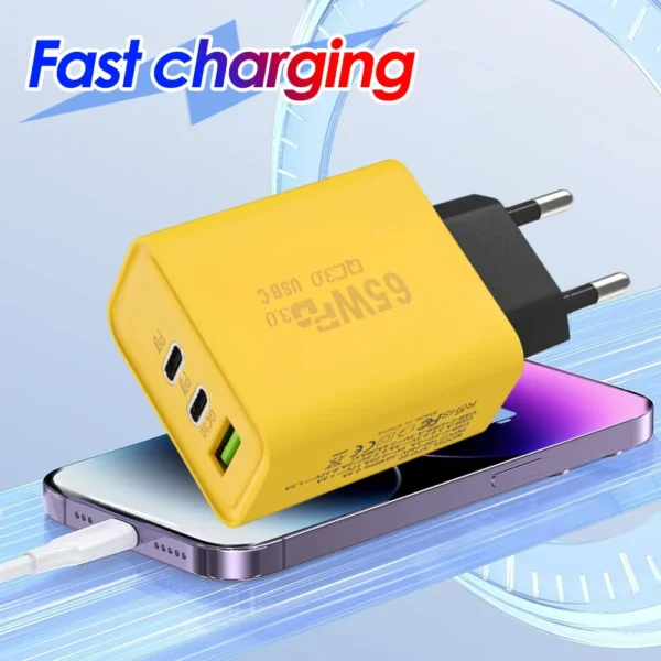 65W 3 Ports GaN USB PD Mobile Phone Chargers USB C To Type C High-speed Charging Data Cable Cord QC3.0 Cellphone Wall Adapter - Image 2