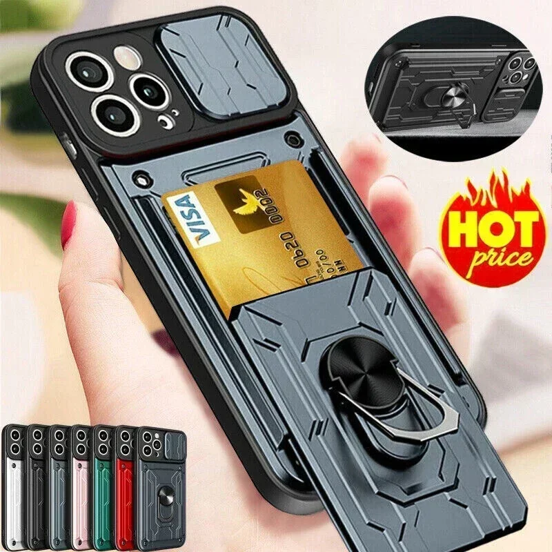 Case For iPhone 16 15 14 13 12 11 Pro Max XR XS 8 Plus SE Slide Camera Card Slot Military Grade Ring 360 Magnetic Back Cover