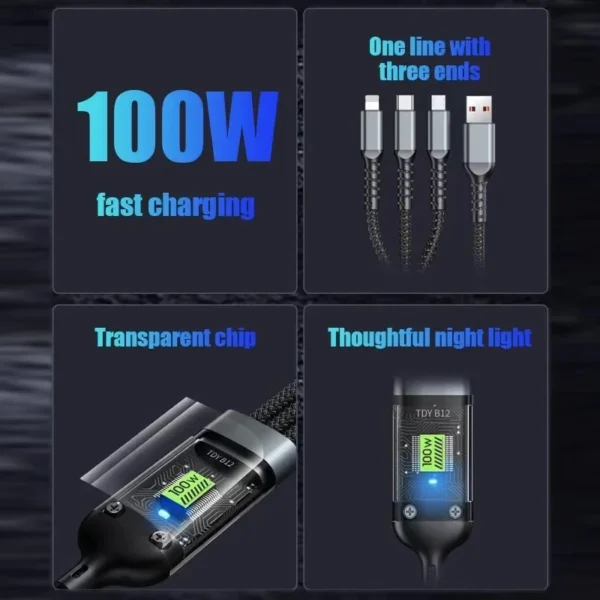 3 In 1 100w Transparent Fast Charging Cable Type C Usb Micro For Huawei OPPO Vivo Samsung Xiaomi Pilot Lamp Charger Usb C 6A - Image 4