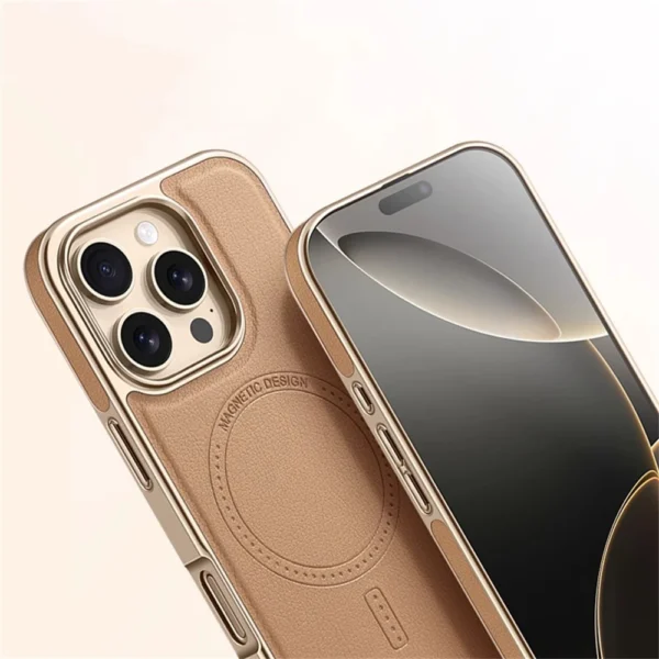 Luxury Business Plating Frame Leather Magnetic Back Case For iPhone 16 15 14 13 Pro Max Magsafe Wireless Charge Shockproof Cover - Image 2