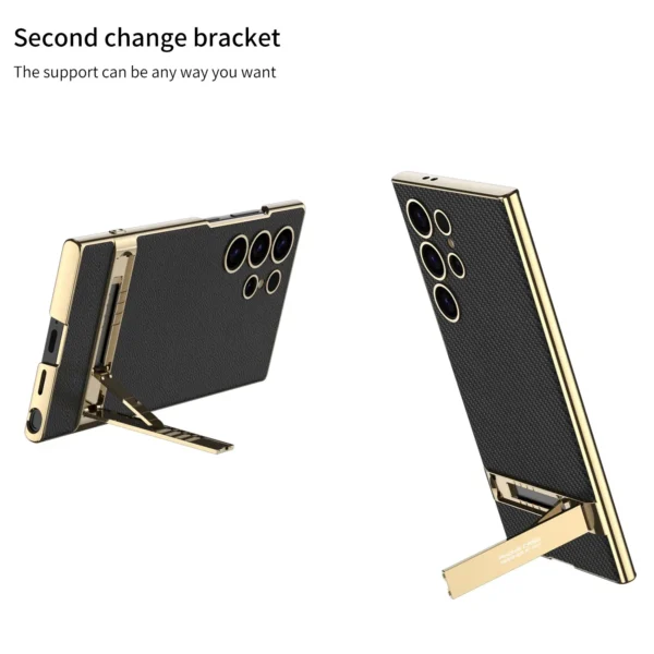 For Samsung Galaxy S24Ultra Case Luxury Electroplated Gold Border Plain Leather | Bracket Shockproof Cover Accessories - Image 3