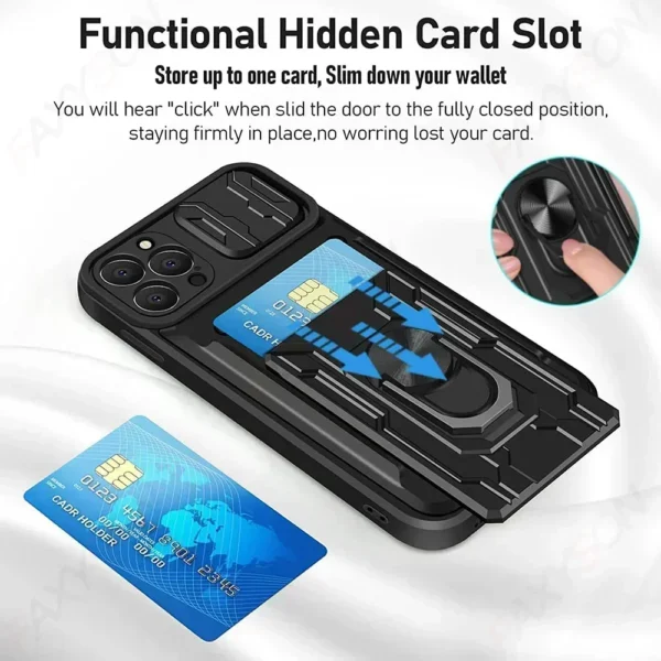 Case For iPhone 16 15 14 13 12 11 Pro Max XR XS 8 Plus SE Slide Camera Card Slot Military Grade Ring 360 Magnetic Back Cover - Image 2