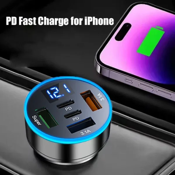 UYUXIO 5 in 1 USB Car Phone Charger Adapter with Voltage Display Dual PD Port Super Fast Charge for iPhone Samsung Huawei OPPO - Image 5