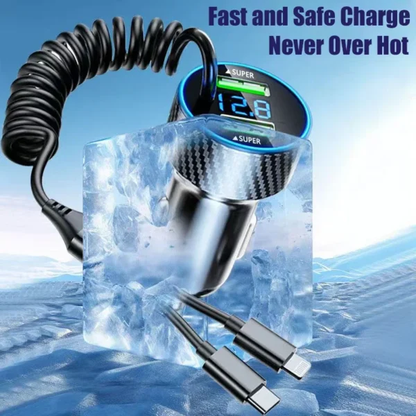 USB Car Phone Charger Adapter with Retractable Cable LED Voltage Monitor 4 in 1 Super Fast Charge for iPhone Samsung Huawei - Image 4