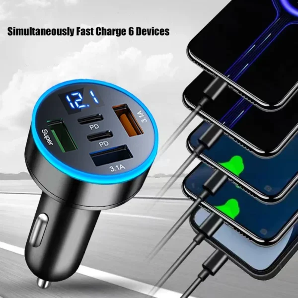 UYUXIO 5 in 1 USB Car Phone Charger Adapter with Voltage Display Dual PD Port Super Fast Charge for iPhone Samsung Huawei OPPO - Image 3