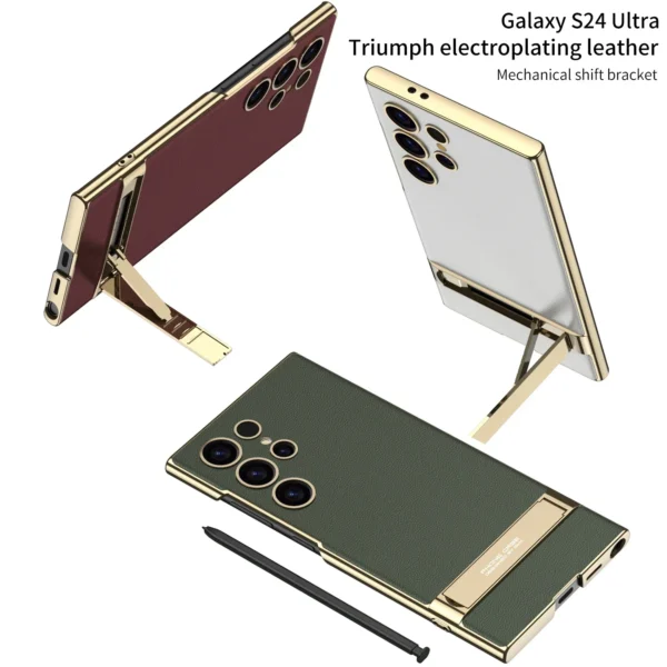 For Samsung Galaxy S24Ultra Case Luxury Electroplated Gold Border Plain Leather | Bracket Shockproof Cover Accessories - Image 5