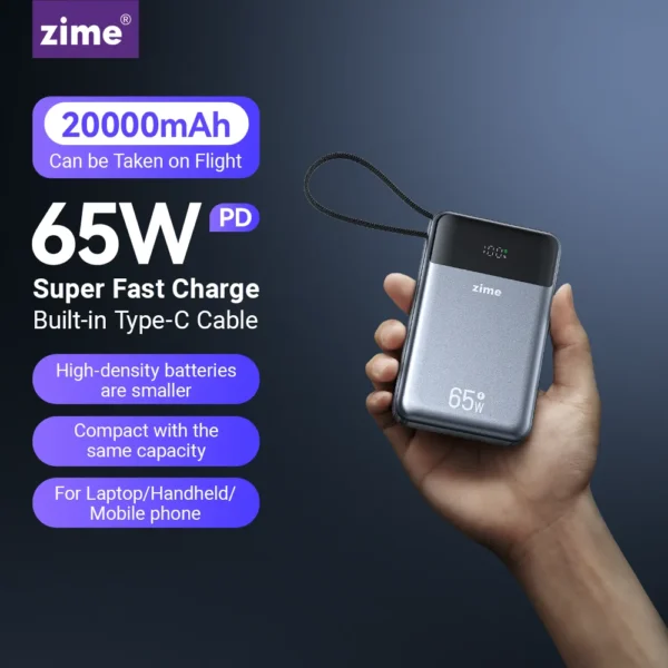 zime 65W Portable Power Bank 20000mAh Fast Charging Built-in Retractable Type-C Cable for Laptops iPhone And Tablets