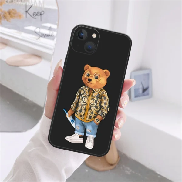 Cute Bear Fashion Brand Protective Case for IPhone 13 12 11 14 15 16 Pro Max 15 16 Plus 13MINI Black Silicone Soft Bumper Cover - Image 2