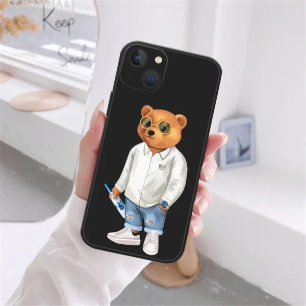 Cute Bear Fashion Brand Protective Case for IPhone 13 12 11 14 15 16 Pro Max 15 16 Plus 13MINI Black Silicone Soft Bumper Cover - Image 6