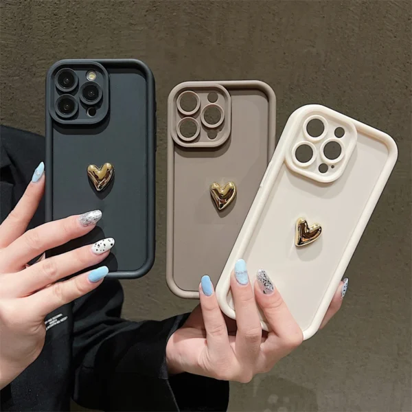 3D Gold Heart Silicone Soft Phone Case For iPhone 15 14 13 12 11 16 Pro Max