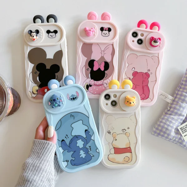 3D Ears Toy Winnie Minnie Stitch Cartoon Sliding Camera Case for iPhone 11 12 13 14 Plus 15 Pro Max 16 X XS XR 7 Wave Phone Capa