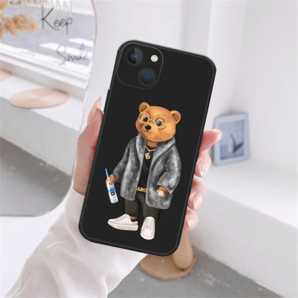 Cute Bear Fashion Brand Protective Case for IPhone 13 12 11 14 15 16 Pro Max 15 16 Plus 13MINI Black Silicone Soft Bumper Cover - Image 4