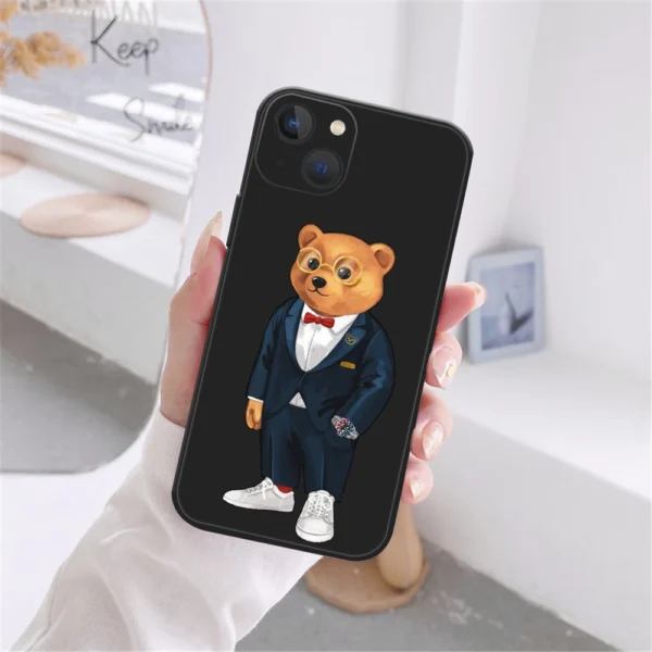 Cute Bear Fashion Brand Protective Case for IPhone 13 12 11 14 15 16 Pro Max 15 16 Plus 13MINI Black Silicone Soft Bumper Cover - Image 5